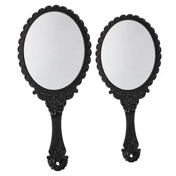 

2Pcs Black Ladies Floral Repousse Vintage Mirror Oval Hand Held Makeup Beauty Dresser Gift - L & S