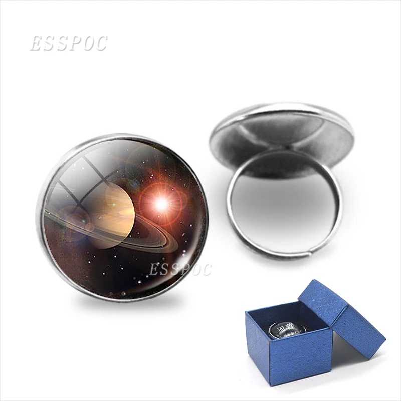 

Solar System Jewelry Jupiter Neptune Mars Moon Venus Mercury Earth Sun Saturn Glass Cabochon Adjustable Ring With Gift Box
