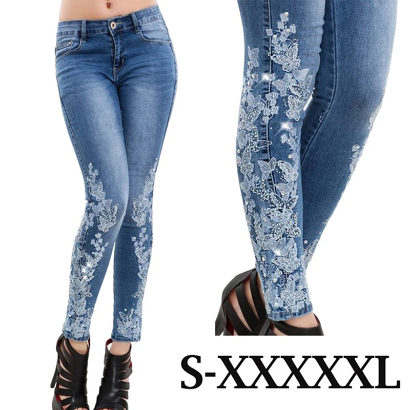 Stretch Embroidered Jeans For Women Elastic Flower Female Slim Denim Pants Pattern Pantalon Femme | Женская одежда