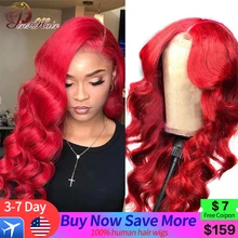 Pinshair-Peluca de cabello humano ondulado transparente para mujer, postizo de encaje Frontal, color rojo, 13x4, color borgoña 99J, predesplumada