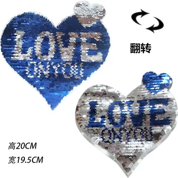 

blue love Heart Flip patches Reversible Change color Sequins Sew On Patch It can be used in Jeans and T-shirt DIY jacket