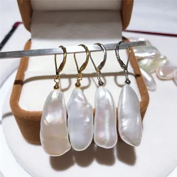 

New Fashion contracted Freshwater White Natural Pearl AAA Reborn keshi Baroque11X28MM Earrings 925 Sterling Silver Hook