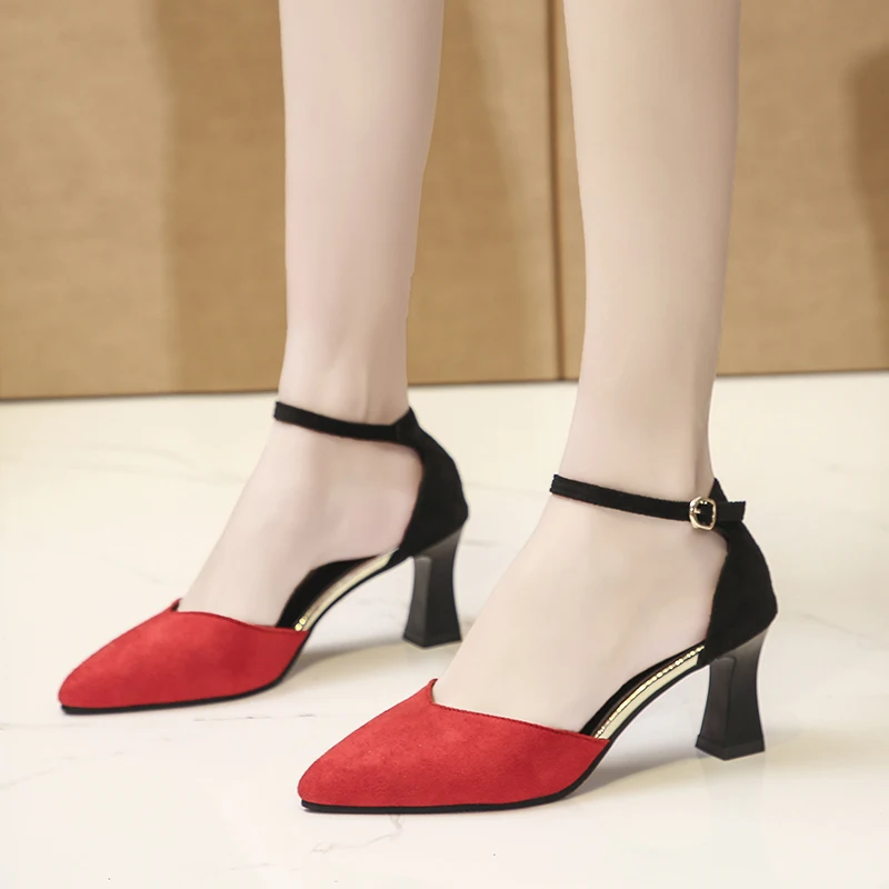 

Pointed Toe Party Shoes Women Summer Fashion Flock Shallow High Heels Ankle Strap Sandals Women Hollow Pumps 2020