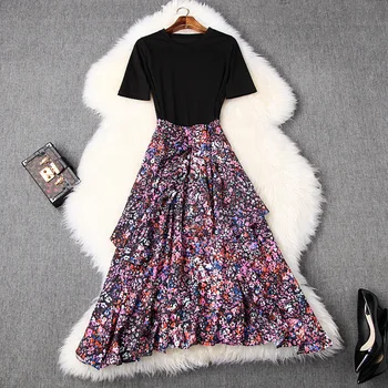 

Women patchwork T-shirt dress new 2020 designer floral print ruffles short sleeve asymmetric long casual summer dresses