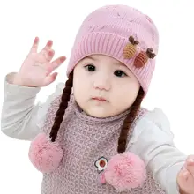 

Autumn Baby Girls Woolen Knitted Warm Long Braid Wig Pompom Hat Skull Cap Beanie