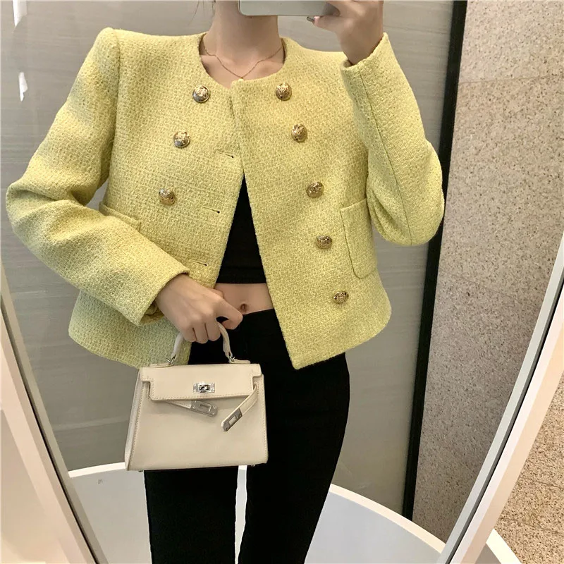 

ZAWFL 2023 Autumn Winter Fashion Casual Goose Yellow Tweed Short Coat Suit Female Slim Double Breasted Wool Tweed Suit