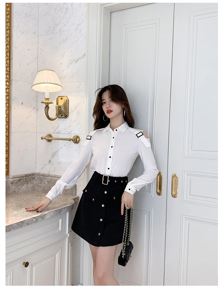 H Han Queen Single-breasted Turn-down Collar White Shirts Women Autumn New OL Work Wear Shirt Business Cold Shoulder Blouse