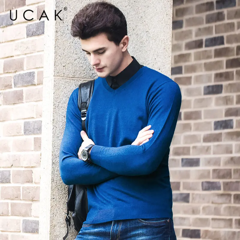 UCAK Brand Merino Wool Sweater Men Autumn Winter Cashmere Pullover Men Casual V-Neck Mens Sweaters Pure Color Pull Homme U3054