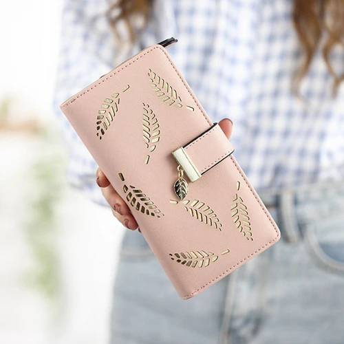 Длинный тип большой вместительный женский кожаный кошелек - Цвет: leaf dark pink