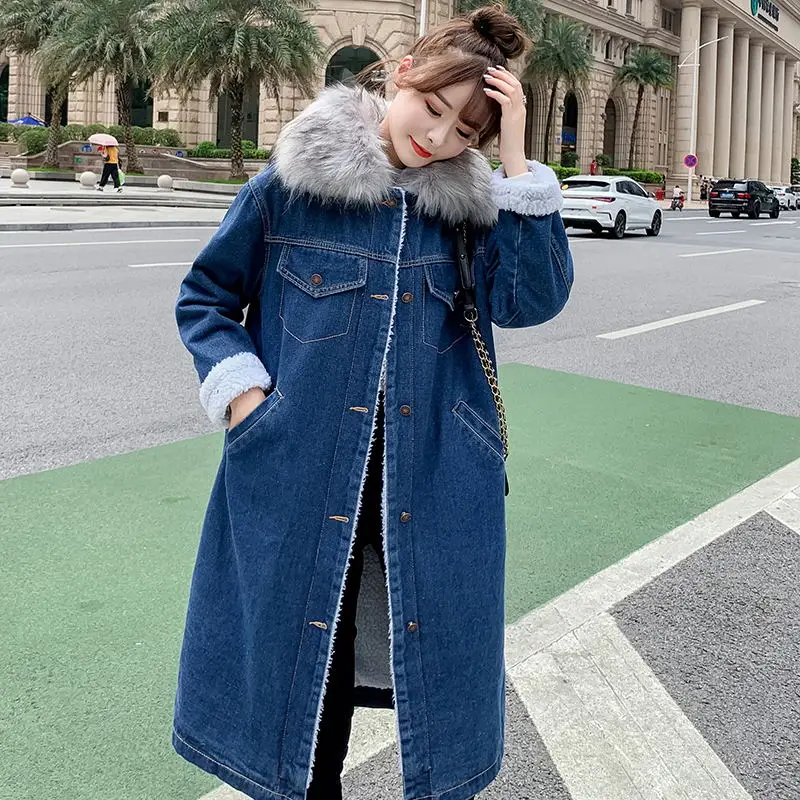

Autumn Winter Plus Velvet Denim Jacket Womens Casual Loose Jeans Coats With Fur Collar Female Long Thick Warm Cotton Parka Coat