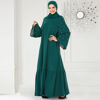 

Siskakia Double Layer flare Sleeve Beads Long Dress Solid Ruffles patchwork Swing Maxi Dresses Full Sleeve Muslim Party Wears