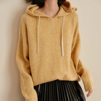

women's hooded cashmere wool sweaters pullover long sleeve plus size loose Female yellow knitwear 2020 Autumn Winter free ship