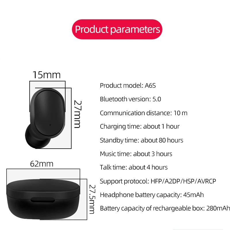 A6S TWS Bluetooth 5,0 наушники стерео беспроводной шумоподавление с микрофоном громкой связи Наушники для iPhone Xiaomi Redmi Airdots