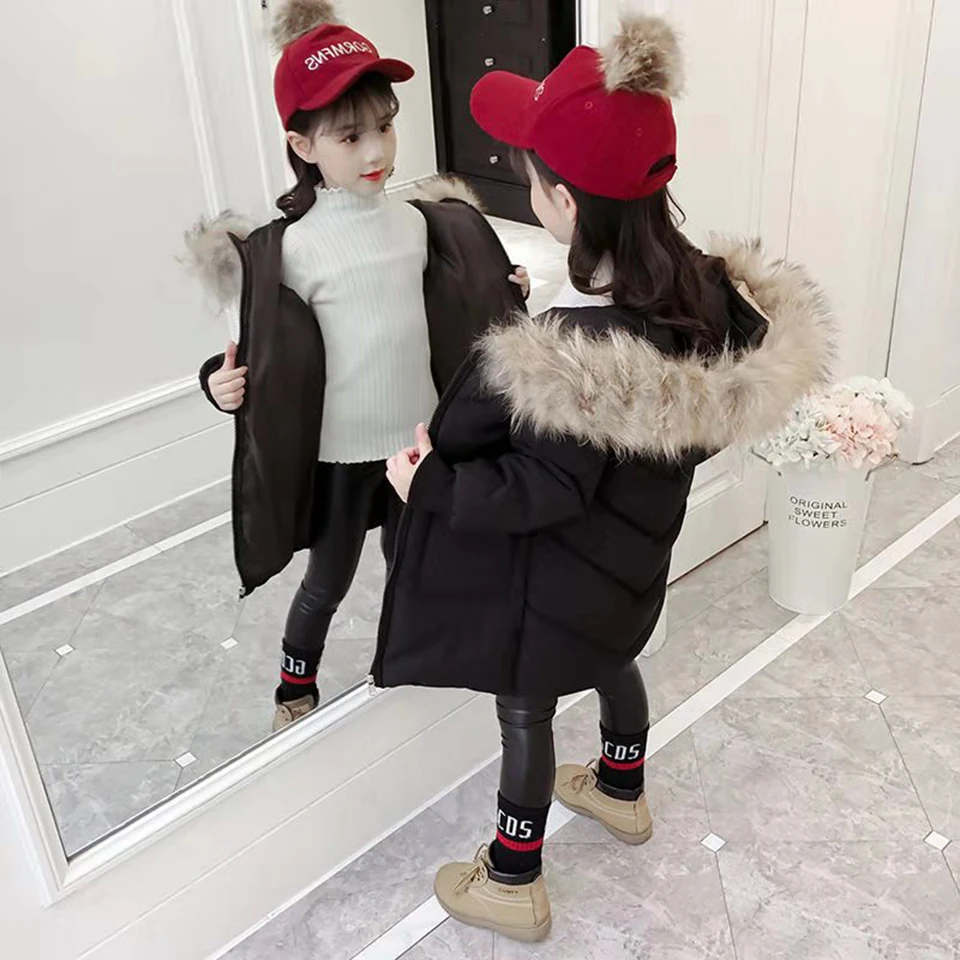 Russia Autumn Winter Girls Down Cotton Parkas Children Clothes Thickening Warm Fur Hooded Outerwear Coats Kids Age For 4-13