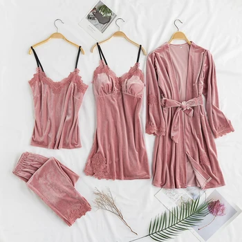 

Pink sling lace edge long sleeve household suit 4 piece pants plush sexy women Pajama suit elastic belt bandage 2020 mini small
