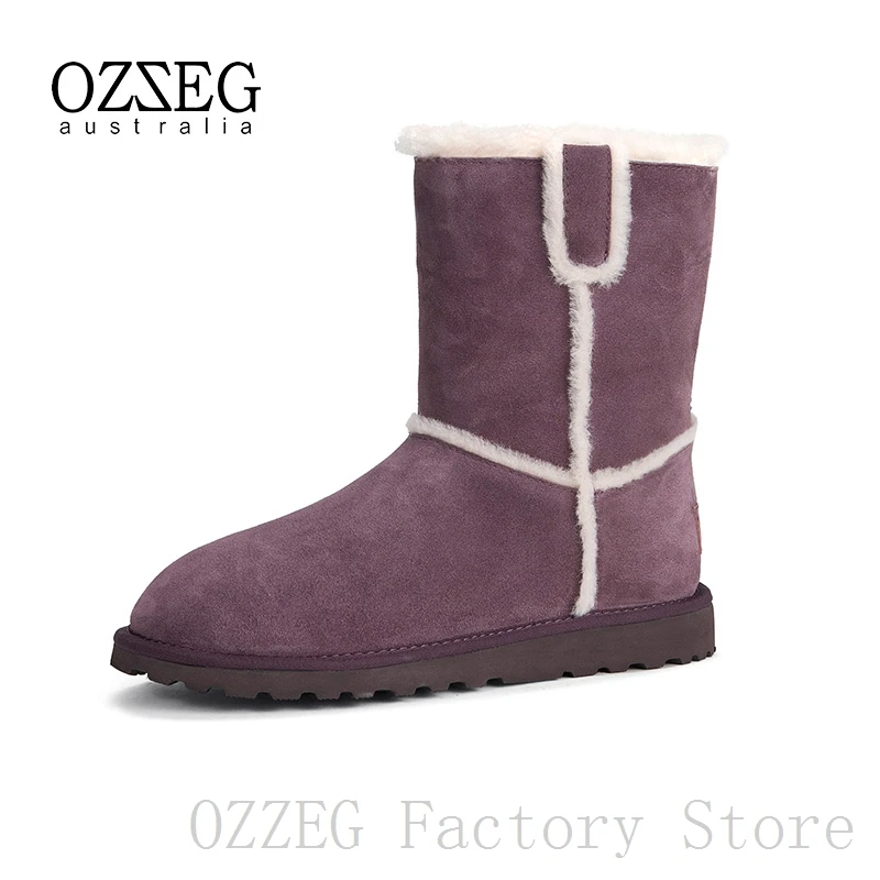 

OZZEG Australia Luxury Brand Designer Snow Boots Real Leather Women Boots Mid Calf Furry Boots Winter Shoes Women Purpl Footwear