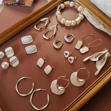  HUANZHI 2020 New White Enamel Geometric Round Square Irregular Hollow Flower Simple Earrings for Women Girls Jewelry 