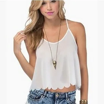 

Women Sexy Tops Hems Wave-side Short Sexy Sling Vest New Chiffon Shirt White Black Pink Crop Top