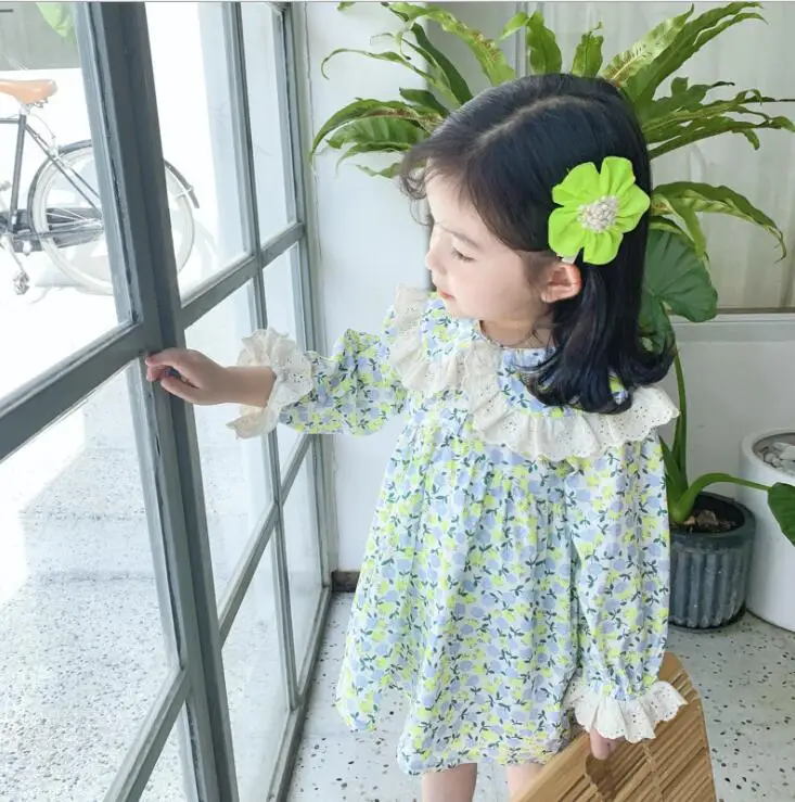 Платье с цветочным принтом в Корейском стиле для девочек модные хлопковые весенние платья для девочек От 1 до 6 лет, PP969