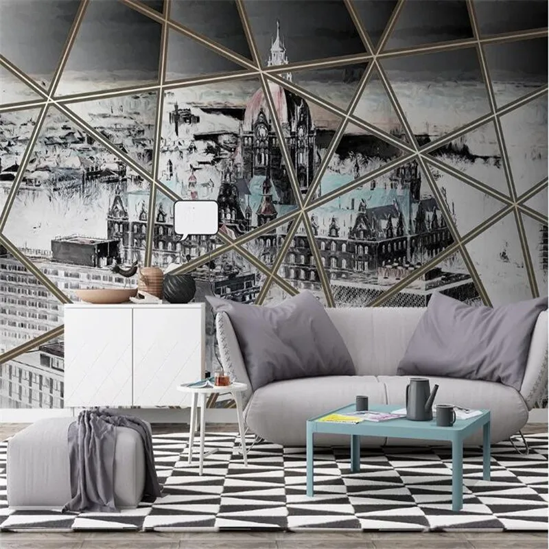 Large 3D wallpaper mural custom hand-painted Nordic city architecture geometric line TV sofa background wallpaper mural