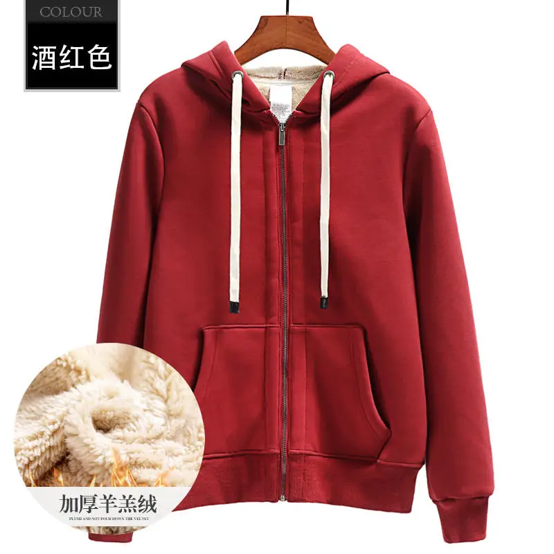 Harajuku Plus Velvet Lamb Sweatshirt Women Oversized Warm Hoodies Coat Long Sleeve Sweatshirt Loose Hoodies Women Clothes Q2087 - Цвет: Wine red hoodies