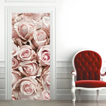 Pegatina de flores para puerta a prueba de agua, adhesivo decorativo para puerta de dormitorio, decoración de habitación, Rosa