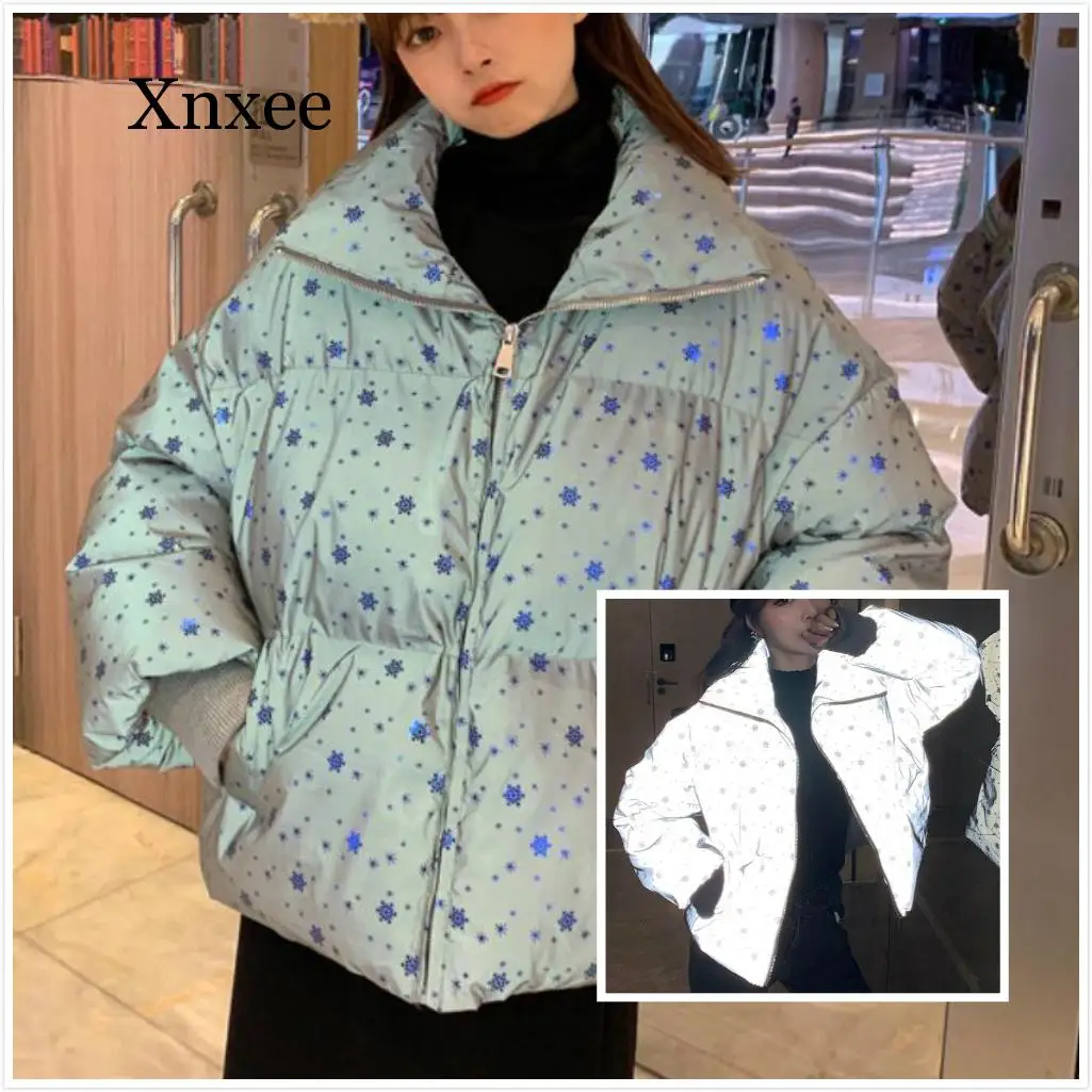 

snowflake Winter warm overcoat long reflective jacket luminous casual coat thick streetwear loose glowing parka padded outwear