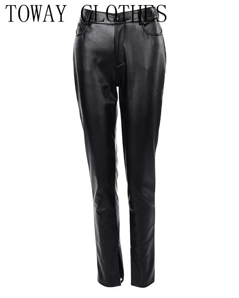 black pants Women Solid Color PU Leather Slit Pocket Design Skinny Pants corduroy pants