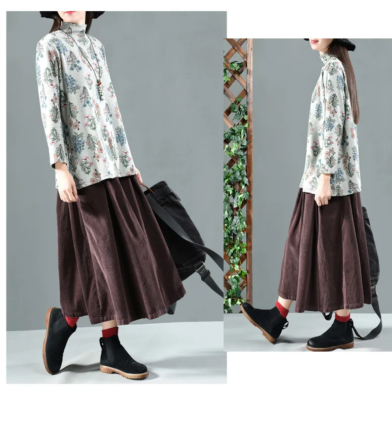 Retro Bottoming Cotton Floral Tops Autumn Spring Knitted Turtleneck Pullover Women T-Shirt Long Sleeve Printed Casual Tee Shirts