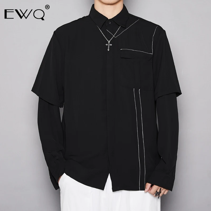 EWQ/Весенняя Мужская одежда,, модная, индивидуальная, три-ди, мужская, sional, раздельная, фальшивая, две части, дизайн, черная рубашка 19H-a100