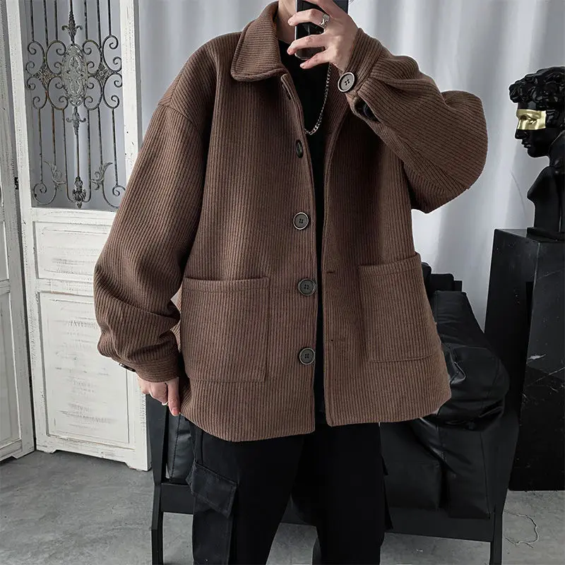 

2020 Autumn And Winter New Youth Fashion Loose Solid Color Lapel Single-breasted Jacket Fashion Casual Top Black/brown M-2XL