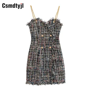 

Csmdtyjl Sexy Tweed backless Short Dress Women Elegant Tassel Spaghetti Strap bodycon dress 2020 Christmas Evening Party Dress