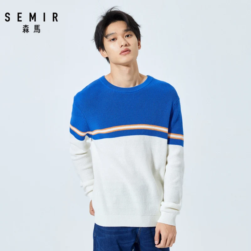 Goedkoop Semir Trui mannen lente kleur stiksels katoen ronde hals trui mannen Koreaanse casual shirt verse college wind