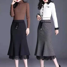 Черная юбка для женщин, большие размеры, кружевные лоскутные юбки для работы, женские юбки с высокой талией, Faldas Mujer Moda, зимняя женская юбка