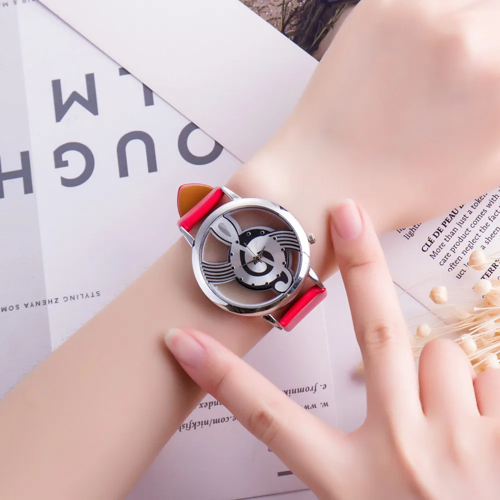 

New Brand Fashion Hollow Music Note Notation Watch Leather Strap Quartz Wristwatch For Men Women Gift Clock Watches relojer 2019