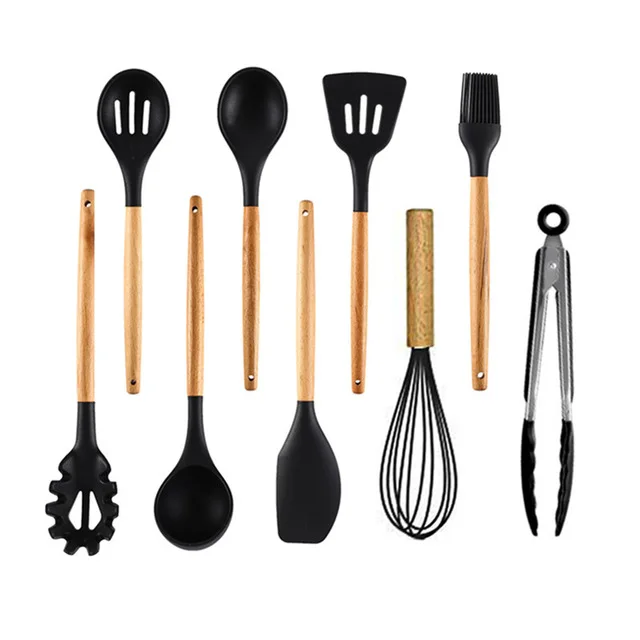 9pcs 5-13 шт силиконовые инструменты для приготовления пищи набор кухонной посуды с ящиком для хранения токарные щипцы шпатель с деревянной ручкой Антипригарная посуда - Цвет: 9pcs