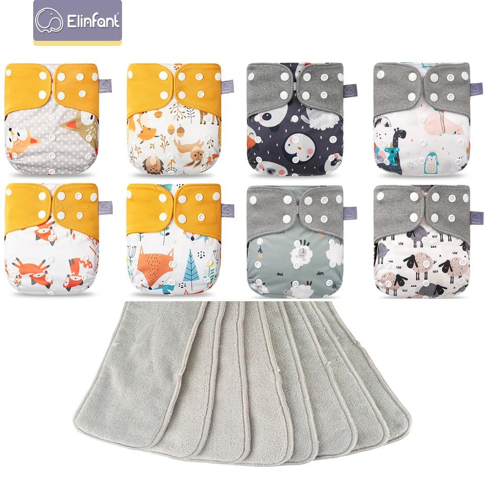 Elinfant Waterproof Baby Pocket Diapers Set - 8 Gray Mesh Cloth Diapers with 8 Microfiber Inserts