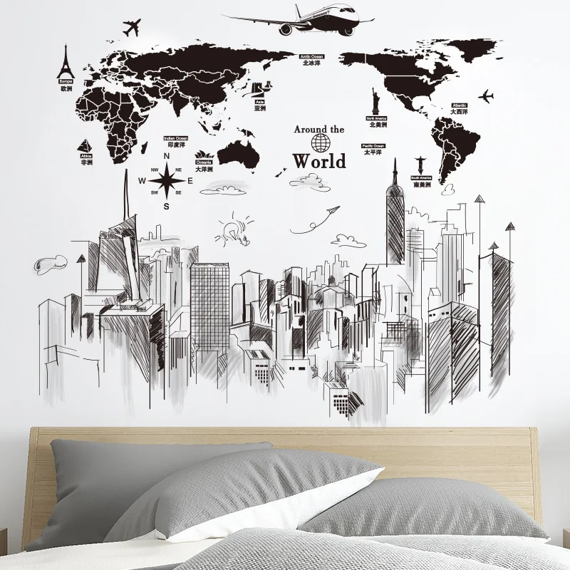 

[shijuekongjian] World Map Wall Stickers DIY Buildings Mural Decals for Living Room Company School Decoration Muurstickers