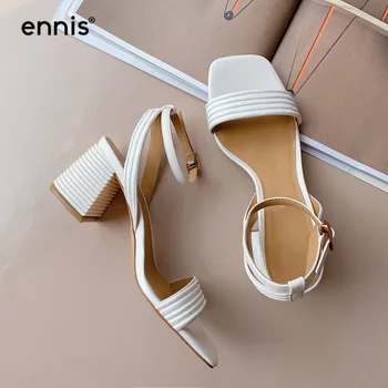 

ENNIS Brand White Sandals Summer Roman Sandals Women Square Heel Sandals Ankle Strap High Heel Shoes Ladies Fashion New S0022