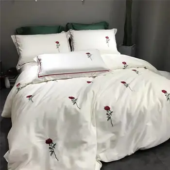 

34White Modern Style Red Rose Embroidery Bedding Set Blue Court Style Duvet Cover Bed Linen Bedsheet Pillowcases King Queen 4pcs