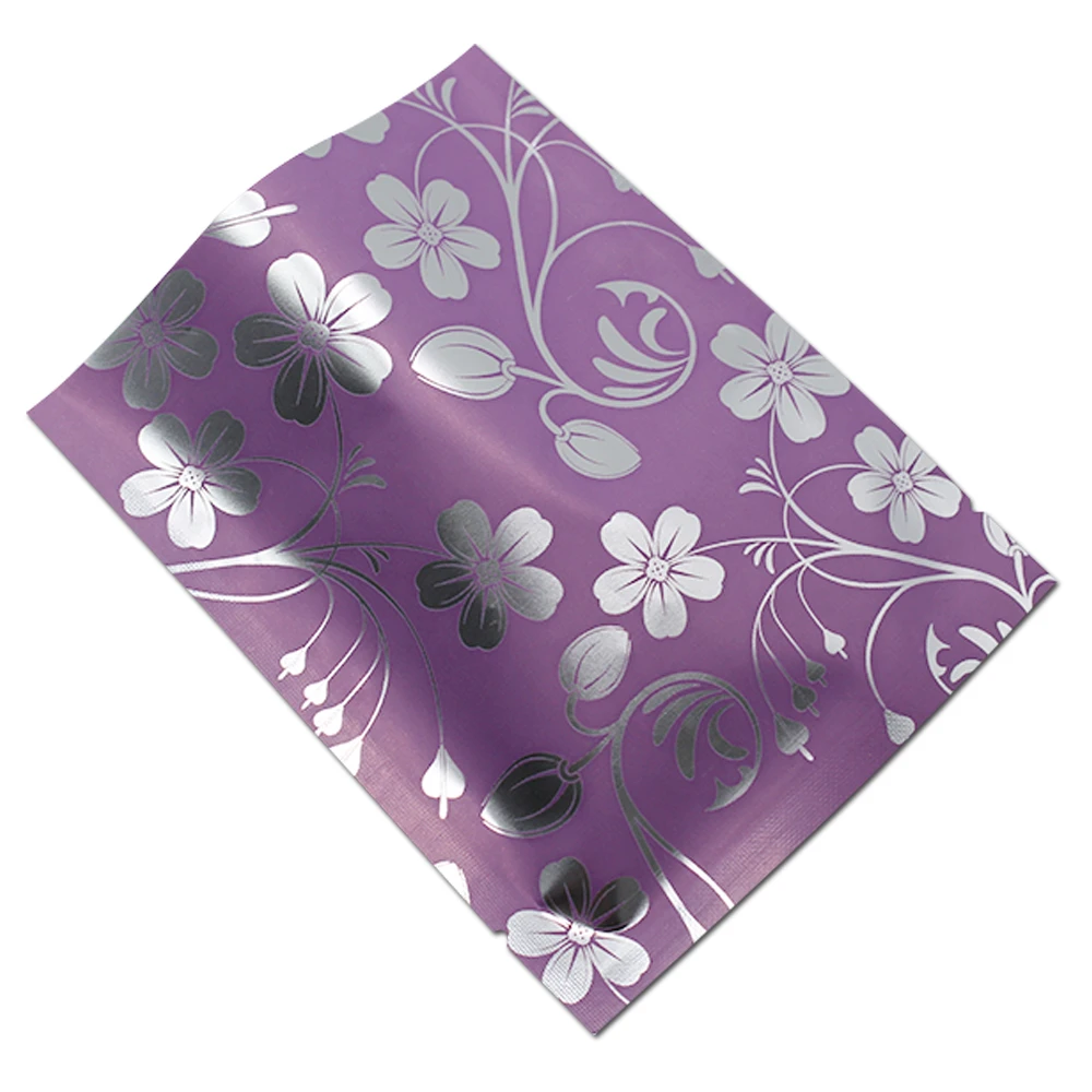 

DHL 2000Pcs/Lot Vacuum Heat Seal Food Snack Storage Pack Pouches Party Purple Flower Print Open Top Aluminum Foil Packaging Bags