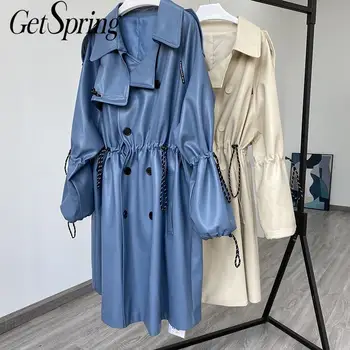 

GetSpring Women Trench Coat PU Windbreaker Drawstring Flare Sleeve Women Overcoats Loose Long PU Trench Autumn Winter 2020 New