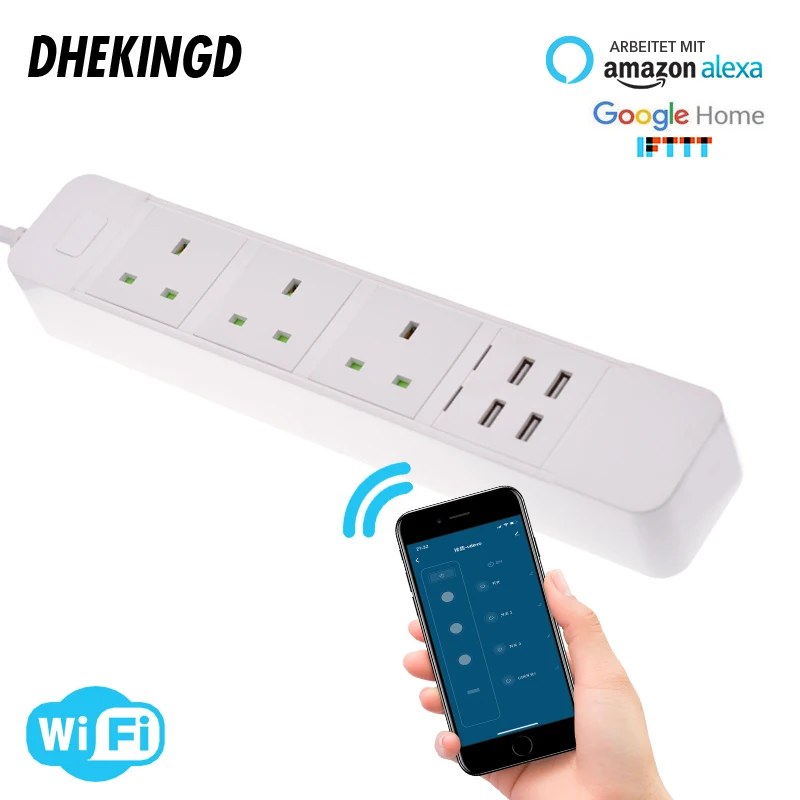 Wifi смарт Мощность полосы 3 UK розетки разъем с 4 USB быстрой зарядки Порты и разъёмы