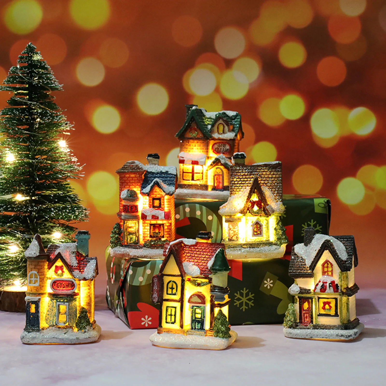 6PCS Christmas Ornament Set Doll House Village Light Up Christmas House Winter Holiday Garden Decoration Children Gift Set