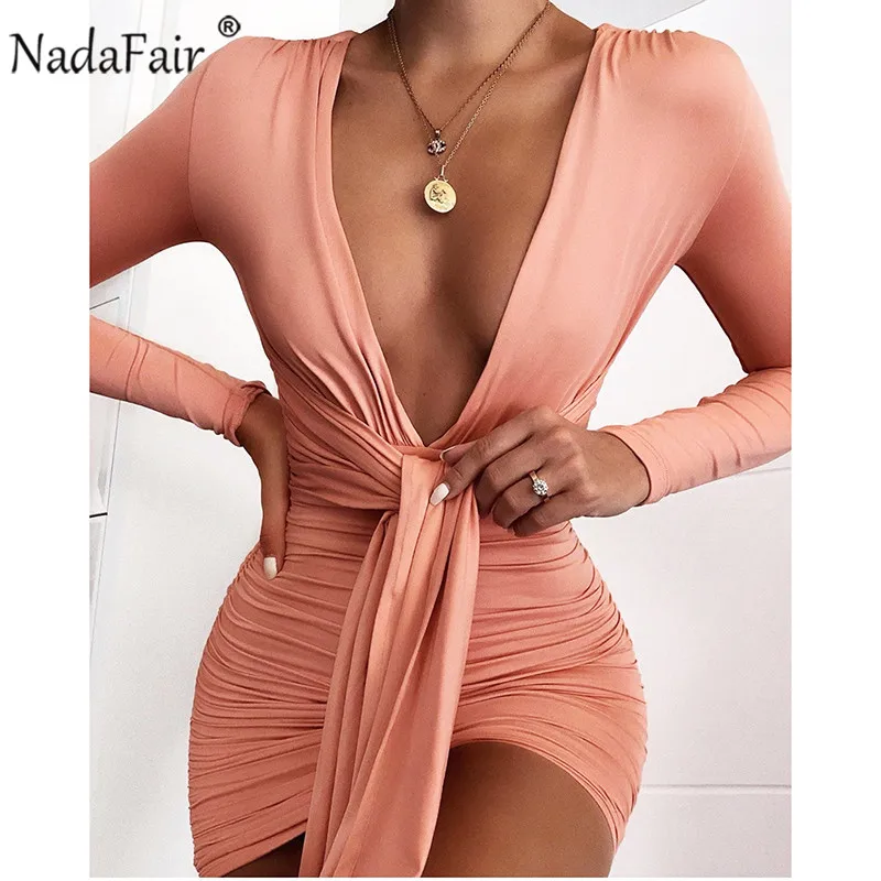 Comprar Nadafair Sexy cuello en V de manga larga acanalado Otoño Invierno vestido ajustado túnica Mini abrigo bandage de Fiesta Club vestido de mujer