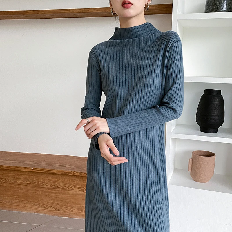 

AECU 2021 Winter Women Knitted Dress Elegant Female Sweater Dress Long Sleeve O-Neck Pullovers Turtleneck Sweater Dress