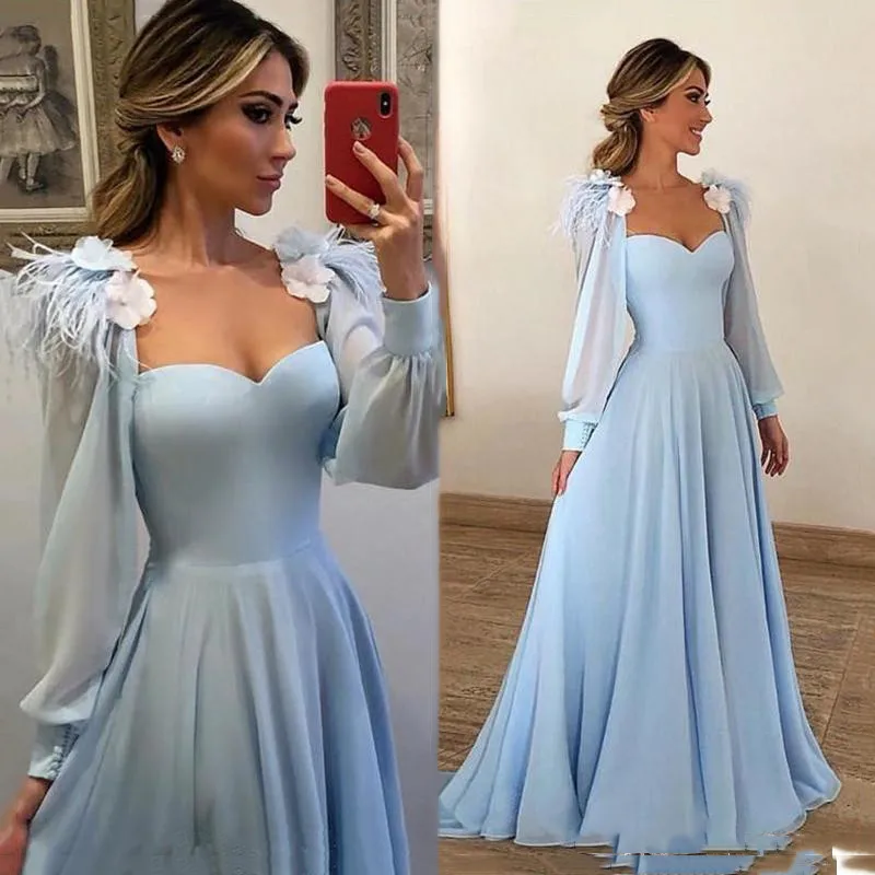 Sevintage Sky Blue Long Sleeves Prom Dresses With Flowers Feather Jacket Formal Evening Party Gowns vestido de festa