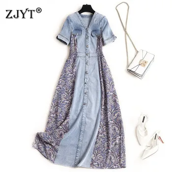 

Fashion Runway Designer Summer Dresses Short Sleeve Woman Clothes Elegant Female V Neck Vintage Print Patchwork Denim Dress