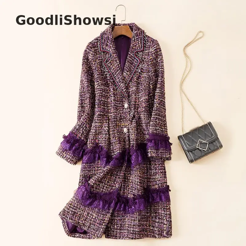 GoodliShowsi, Зимние Модные женские твидовые пальто, кружевные лоскутные однобортные пальто с отворотом, трендовая верхняя одежда