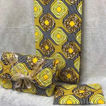

3pcs Set Yellow African wax print Handbag+ Clutch Bag+6 Yard Vintage printing blocks 100% Cotton Real Wax Printed Fabrics DFB-1